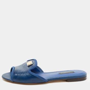 Pre Owned Dolce & Gabbana Navy Blue Lizard Embossed Leather Flat Slides Size 35