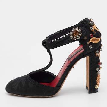 Pre Owned  Dolce & Gabbana Black Fabric Crystal Embellished Block Heel Sandals Size 36