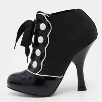 Pre Owned Dolce & Gabbana Black/White Stretch Band and Patent Leather Lace Up Ankle Booties Size 36