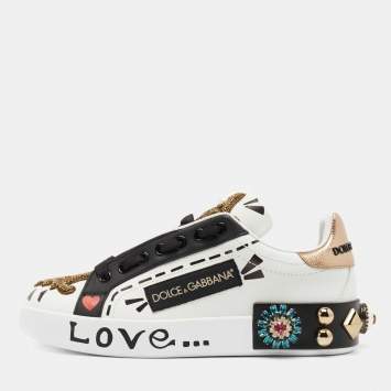 Pre Owned Dolce and Gabbana White/Black Leather Portofin Embellished Low Top Sneakers Size 35.5