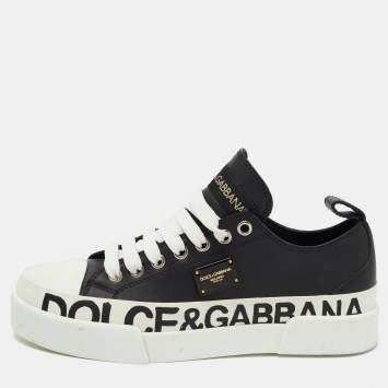 Pre Owned Dolce & Gabbana Black/White Leather Portofino Low Top Sneakers Size 35.5