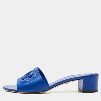 Pre Owned Dolce & Gabbana Blue Leather DG Logo Cutout Slides Size 41
