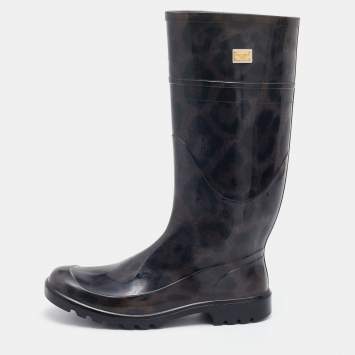 Pre Owned Dolce & Gabbana Black/Grey Leopard Print PVC Mid Calf Rain Boots Size 38