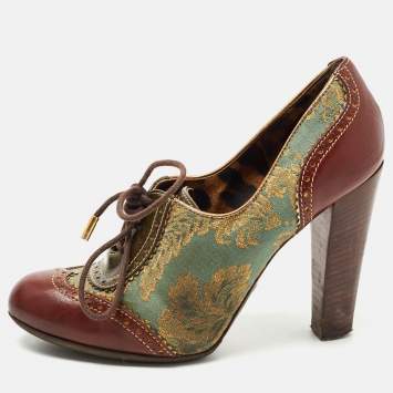 Pre Owned Dolce & Gabbana Burgundy/Green Brogue Leather and Jacquard Fabric Oxford Pumps Size 37.5 