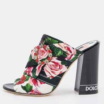 Pre Owned Dolce & Gabbana Multicolor Floral Printed Fabric Crystal Embellished Bow Block Heel Sandals Size 39