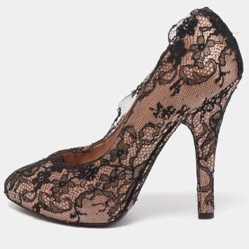Pre Owned Dolce & Gabbana Black/Pink Lace and Satin Round Toe Pumps Size 38