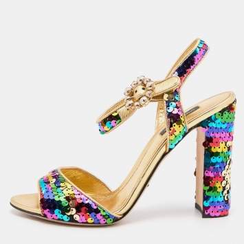 Pre Owned Dolce & Gabbana Multicolor Sequin and Leather Block Heel Ankle Strap Sandals Size 38.5