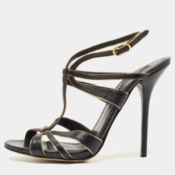 Pre Owned Dolce & Gabbana Black/Gold Lizard Embossed Leather Ankle Strap Sandals Size 41
