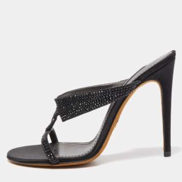 Pre Owned Dolce & Gabbana Black Satin and Crystal Slide Sandals Size 37