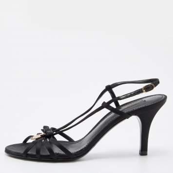 Pre Owned Dolce & Gabbana Black Satin Heritage Coin Detail Ankle Strap Sandals Size 38.5