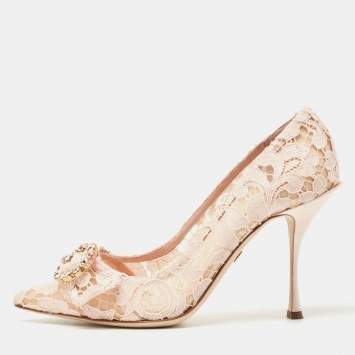 Pre Owned Dolce & Gabbana Pastel Pink Lace Crystal Embellished Pointed Toe Pumps Size 39