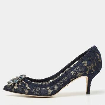 Pre Owned Dolce & Gabbana Navy Blue Lace and Mesh Bellucci  Pumps Size 37.5
