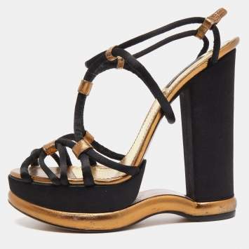 Pre Owned Dolce & Gabbana Black/Gold Leather and Satin Strappy Wedge Sandals Size 40