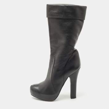 Pre Owned Dolce & Gabbana Black Leather Calf Length Boots Size 37.5