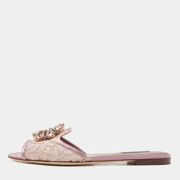 Pre Owned Dolce & Gabbana Pink Satin and Lace Sofia Crystal Embellished Slide Flat Sandals Size 38.5