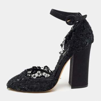 Pre Owned Dolce & Gabbana Black Mesh and Lace Ankle Strap Sandals Size 39