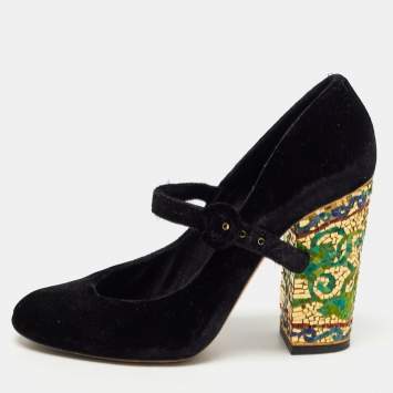 Pre Owned Dolce & Gabbana Black Velvet Embellished Heel Mary Jane Pumps Size 39