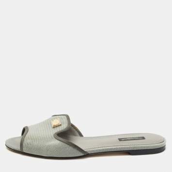 Pre Owned Dolce & Gabbana Grey Lizard Embossed Leather Sofia Slides Size 39.5