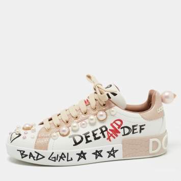 مملوكة مسبقًا Dolce & Gabbana White/Pink Leather Portofino Low Top Sneakers Size 38