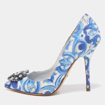 Pre Owned Dolce & Gabbana Blue  Print Brocade Fabric Bellucci Crystal Embellished Pointed Toe Pumps Size 38