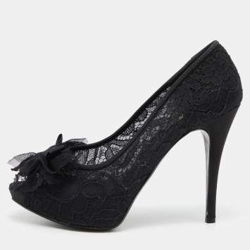 Pre Owned Dolce & Gabbana Black Lace Bow Peep Toe Platform Pumps Size 38.5