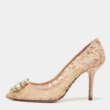 Pre Owned Dolce & Gabbana Beige Lace Crystal Embellished Bellucci Pumps Size 36.5
