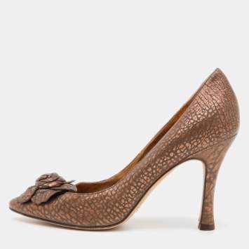 Pre Owned Dolce & Gabbana Brown Textured Leather Flower Detail Pointed Toe Pumps Size 40