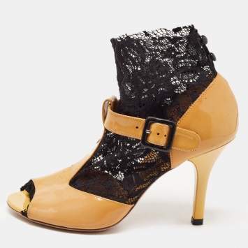 Pre Owned Dolce & Gabbana Brown/Black Patent Leather and Lace Peep Toe Ankle Strap Pumps Size 38