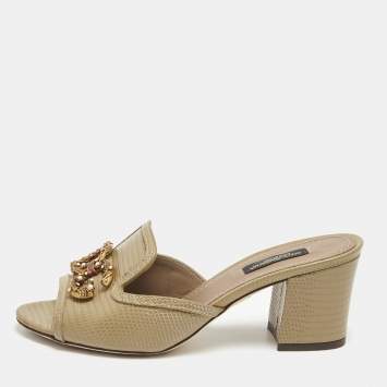 Pre Owned Dolce & Gabbana Grey Lizard Embossed Leather DG Amore Slide Sandals Size 36.5