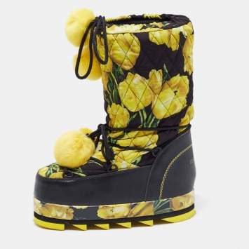 Pre Owned Dolce & Gabbana Black Fabric and Leather Tulip Print Pom Pom Detail Snow Boots Size 39