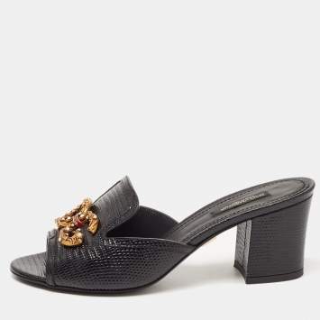 Pre Owned Dolce & Gabbana Black Lizard Embossed Leather DG Amore Slide Sandals Size 37