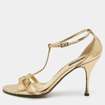 Pre Owned Dolce & Gabbana Gold Snakeskin Embossed Leather T-Strap Sandals Size 39