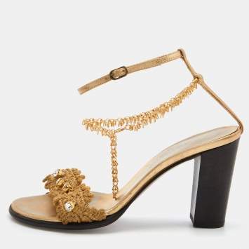 Pre Owned Dolce & Gabbana Gold Lurex Fabric and Leather Embellished Chain Detail Block Heel Sandal Size 35.5
