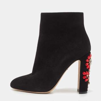 Pre Owned Dolce & Gabbana Black Suede Crystal Embellished Heel Ankle Boots Size 38