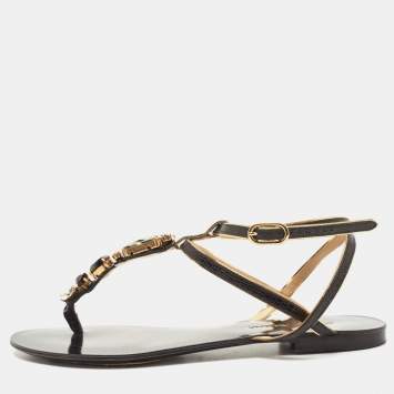 Pre Owned Dolce & Gabbana Black Leather Crystal Embellished Ankle Strap Flat Thong Sandals Size 37