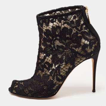 Pre Owned Dolce & Gabbana Black Lace and Mesh Ankle Boots Size 37.5