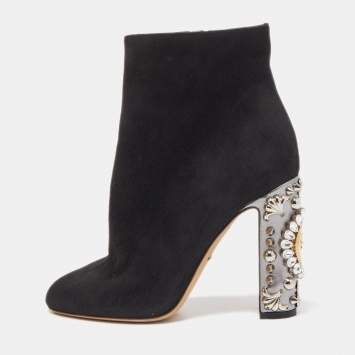 Pre Owned Dolce & Gabbana Black Suede Crystal Embellished Clock Heel Ankle Booties Size 38