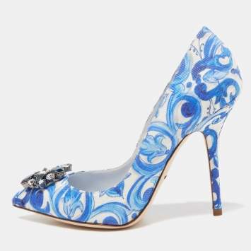 Pre Owned Dolce & Gabbana Blue Print Brocade Fabric  Bellucci Crystal Embellished Pumps Size 40