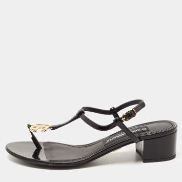 Pre Owned Dolce & Gabbana Black Patent Logo Plaque Thong Sandals Size 37.5