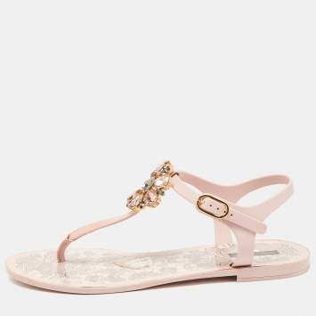 Pre Owned Dolce & Gabbana Pink Rubber Crystal embellished Thong Flat Sandals Size 40