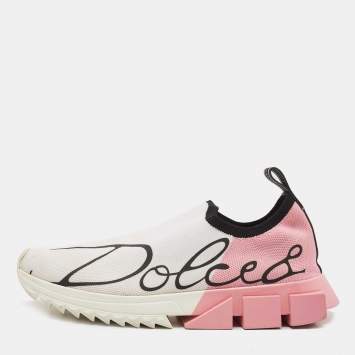 Pre Owned Dolce & Gabbana White/Pink Knit Fabric Sorrento Sneakers Size 39