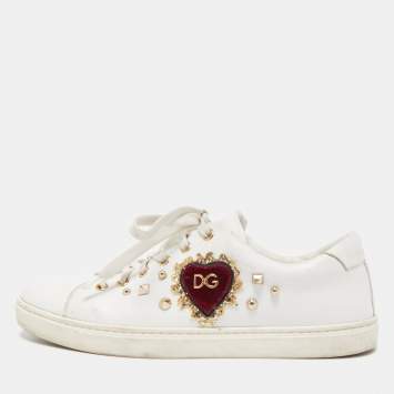 Pre Owned Dolce & Gabbana White Leather Embellished Heart Portofino Sneakers Size 39