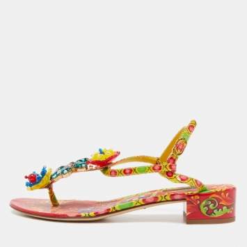 Pre Owned Dolce & Gabbana Multicolor Printed Patent Leather Embellished Ankle Strap Sandals Size 38