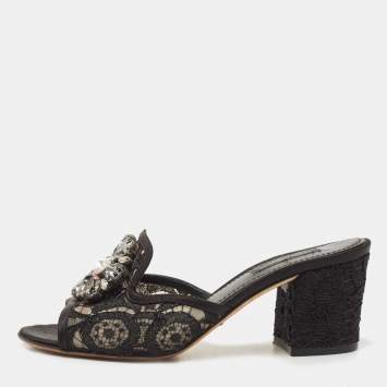 Pre Owned Dolce & Gabbana Black Lace Crystal Embellished Bianca Slide Sandals Size 36