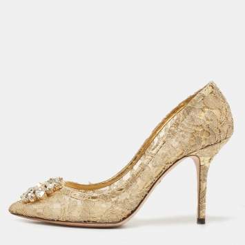 Pre Owned Dolce & Gabbana Gold Lace Bellucci Crystal Embellished Pumps Size 39