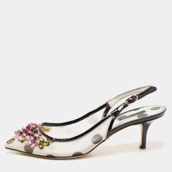 Pre Owned Dolce & Gabbana Black Mesh and Patent Leather Crystal Embellished Polka Dot Slingback Sandals Size 39