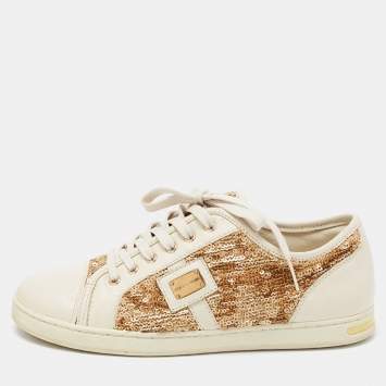 Pre Owned Dolce & Gabbana Cream Leather and Sequin Embellished Low Top Sneakers Size 36
