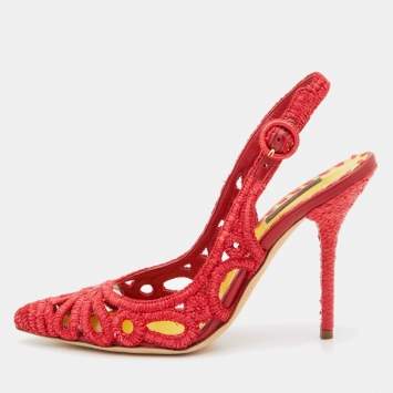 Pre Owned Dolce & Gabbana Red Woven Raffia Slingback Pumps Size 38