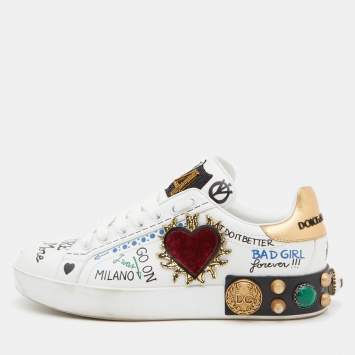 Pre Owned Dolce & Gabbana White Leather Portofino Embellished Low Top Sneakers Size 38