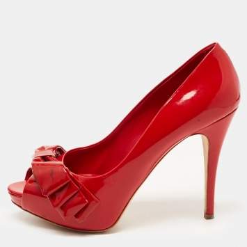 Pre Owned Dolce & Gabbana Red Patent Leather Bow Peep Toe Pumps Size 38.5